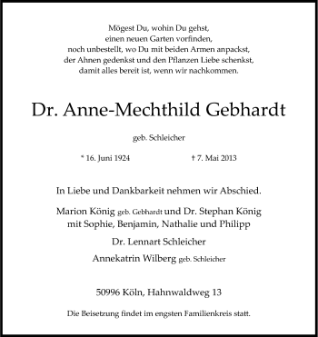 Anzeige von Anne-Mechthild Gebhardt von Kölner Stadt-Anzeiger / Kölnische Rundschau / Express