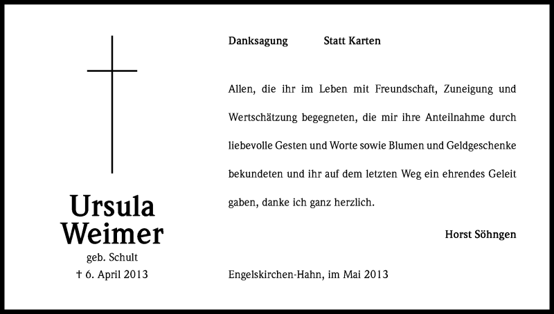  Traueranzeige für Ursula Weimer vom 11.05.2013 aus Kölner Stadt-Anzeiger / Kölnische Rundschau / Express