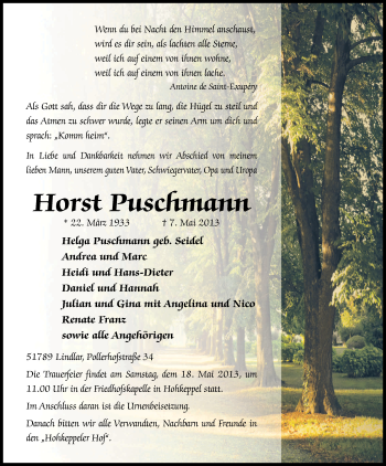 Anzeige von Horst Puschmann von Kölner Stadt-Anzeiger / Kölnische Rundschau / Express