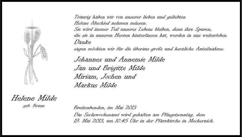  Traueranzeige für Helene Milde vom 11.05.2013 aus Kölner Stadt-Anzeiger / Kölnische Rundschau / Express