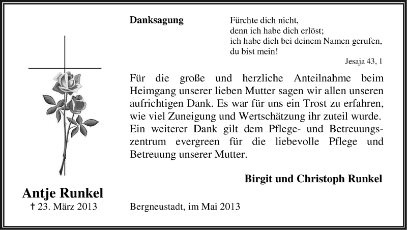  Traueranzeige für Antje Runkel vom 11.05.2013 aus Kölner Stadt-Anzeiger / Kölnische Rundschau / Express