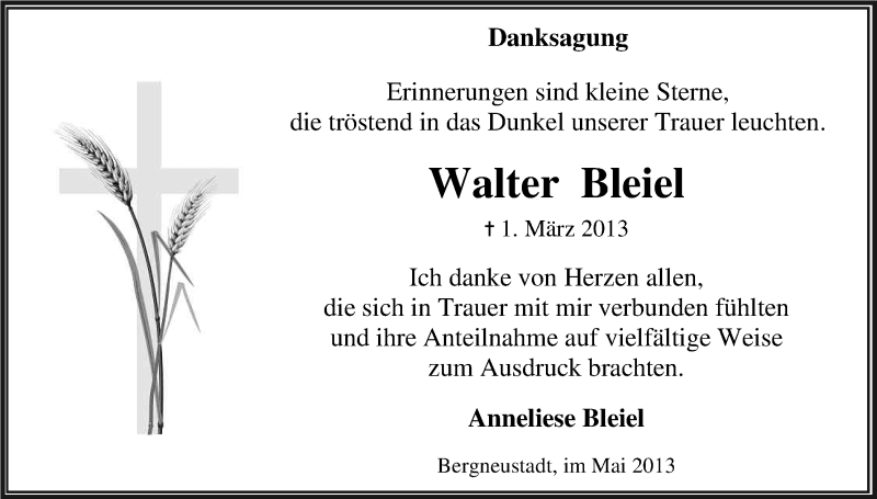  Traueranzeige für Walter Bleiel vom 11.05.2013 aus Kölner Stadt-Anzeiger / Kölnische Rundschau / Express