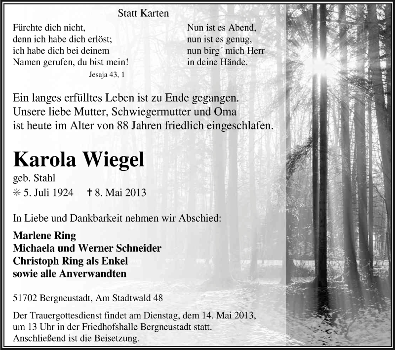  Traueranzeige für Karola Wiegel vom 11.05.2013 aus Kölner Stadt-Anzeiger / Kölnische Rundschau / Express