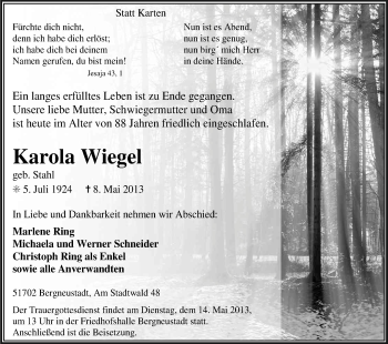 Anzeige von Karola Wiegel von Kölner Stadt-Anzeiger / Kölnische Rundschau / Express