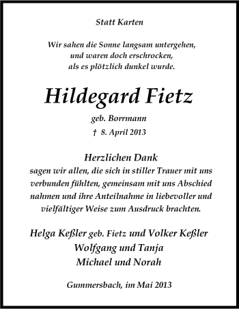 Anzeige von Hildegard Fietz von Kölner Stadt-Anzeiger / Kölnische Rundschau / Express