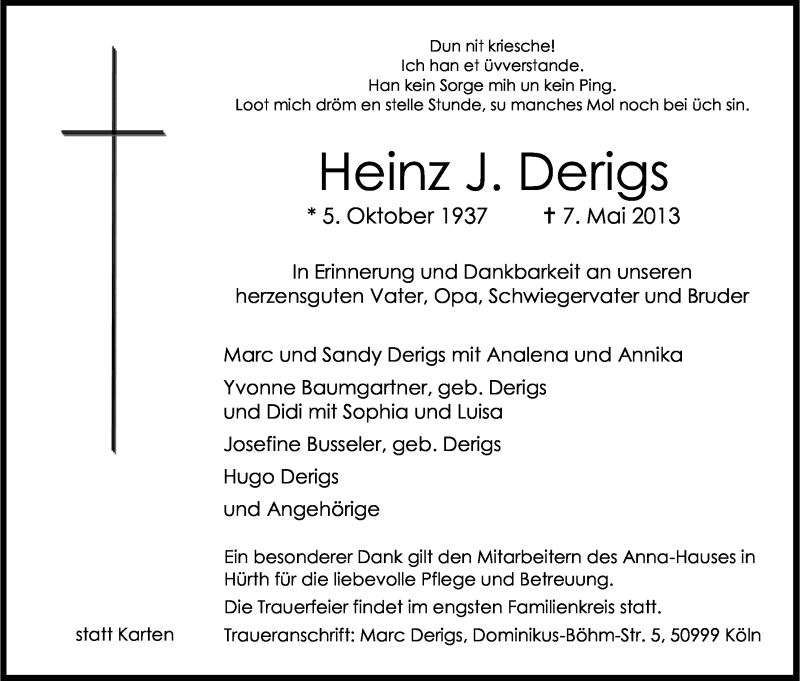  Traueranzeige für Heinz Derigs vom 11.05.2013 aus Kölner Stadt-Anzeiger / Kölnische Rundschau / Express