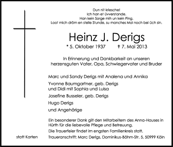 Anzeige von Heinz Derigs von Kölner Stadt-Anzeiger / Kölnische Rundschau / Express