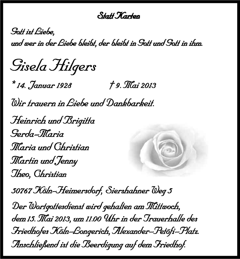  Traueranzeige für Gisela Hilgers vom 11.05.2013 aus Kölner Stadt-Anzeiger / Kölnische Rundschau / Express
