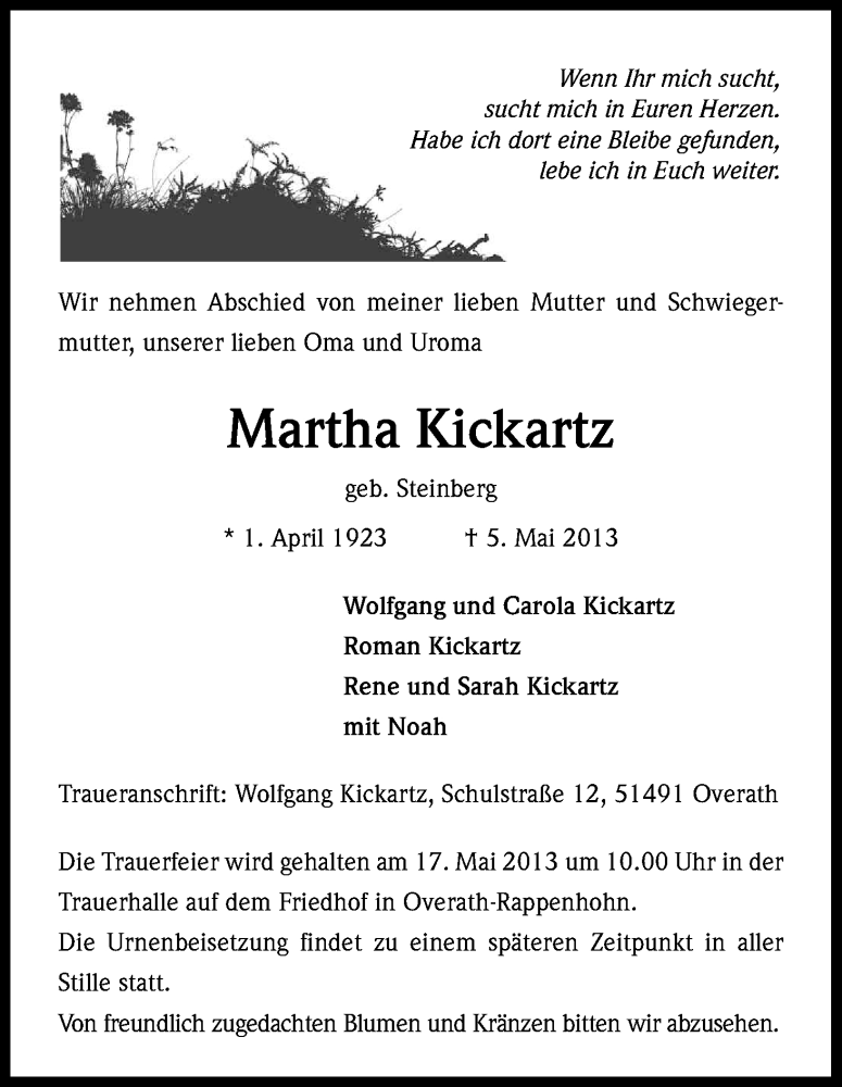  Traueranzeige für Martha Kickartz vom 11.05.2013 aus Kölner Stadt-Anzeiger / Kölnische Rundschau / Express
