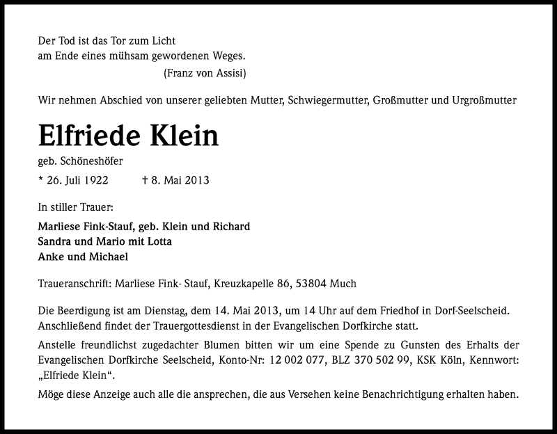  Traueranzeige für Elfriede Klein vom 11.05.2013 aus Kölner Stadt-Anzeiger / Kölnische Rundschau / Express