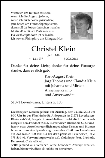 Anzeige von Christel Klein von Kölner Stadt-Anzeiger / Kölnische Rundschau / Express