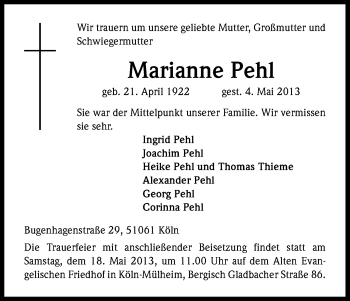 Anzeige von Marianne Pehl von Kölner Stadt-Anzeiger / Kölnische Rundschau / Express