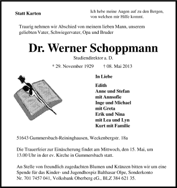 Anzeige von Werner Schoppmann von Kölner Stadt-Anzeiger / Kölnische Rundschau / Express