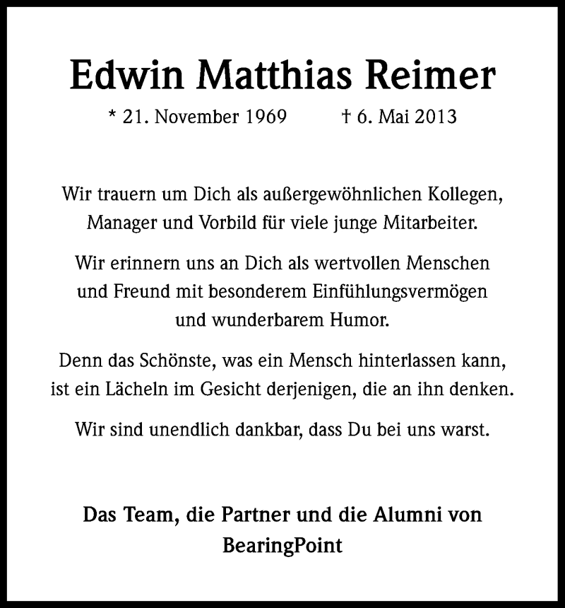  Traueranzeige für Edwin Matthias Reimer vom 11.05.2013 aus Kölner Stadt-Anzeiger / Kölnische Rundschau / Express