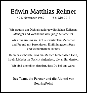 Anzeige von Edwin Matthias Reimer von Kölner Stadt-Anzeiger / Kölnische Rundschau / Express
