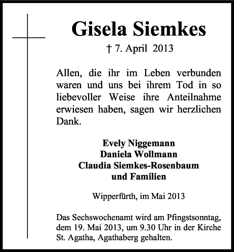  Traueranzeige für Gisela Siemkes vom 11.05.2013 aus Kölner Stadt-Anzeiger / Kölnische Rundschau / Express