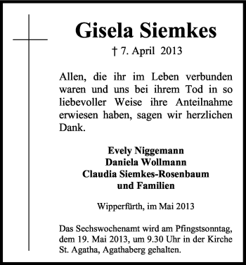 Anzeige von Gisela Siemkes von Kölner Stadt-Anzeiger / Kölnische Rundschau / Express