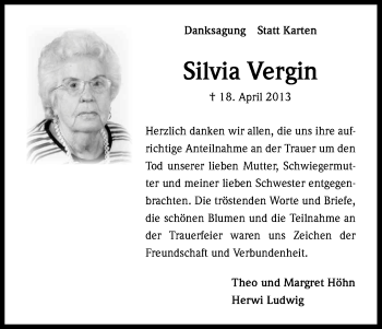 Anzeige von Silvia Vergin von Kölner Stadt-Anzeiger / Kölnische Rundschau / Express