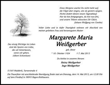 Anzeige von Margarete Maria Weißgerber von Kölner Stadt-Anzeiger / Kölnische Rundschau / Express