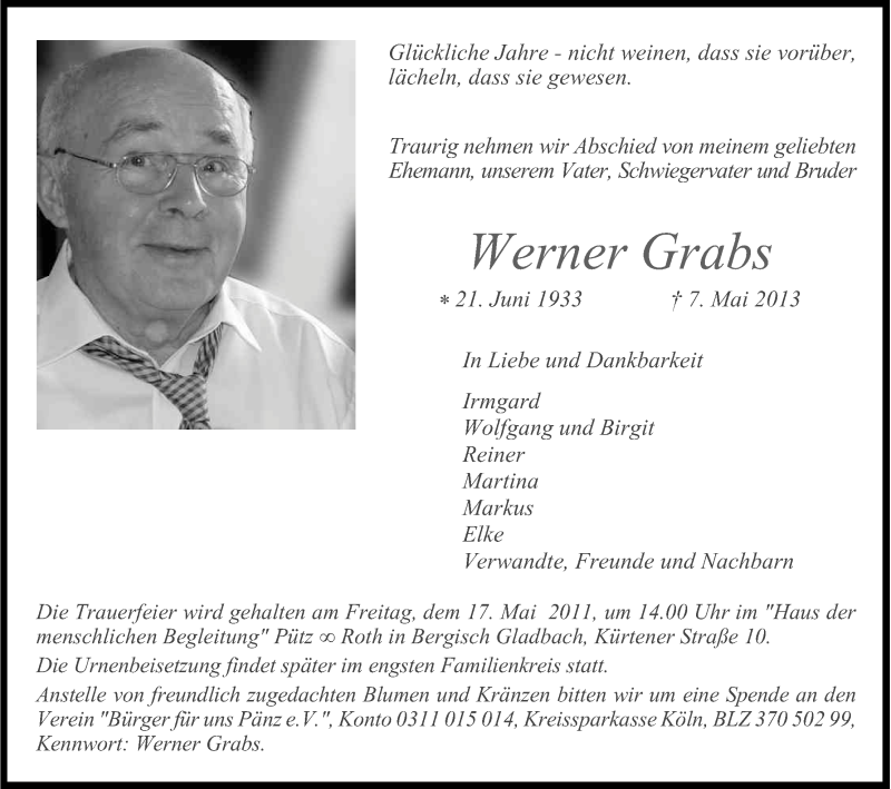 Traueranzeige für Werner Grabs vom 11.05.2013 aus Kölner Stadt-Anzeiger / Kölnische Rundschau / Express