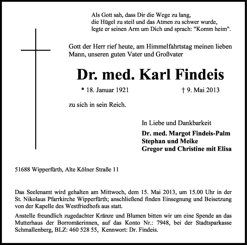  Traueranzeige für Karl Findeis vom 11.05.2013 aus Kölner Stadt-Anzeiger / Kölnische Rundschau / Express