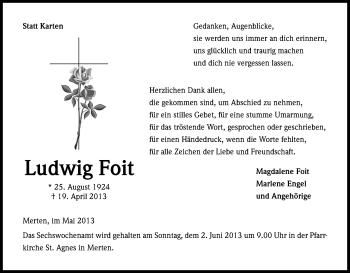 Anzeige von Ludwig Foit von Kölner Stadt-Anzeiger / Kölnische Rundschau / Express