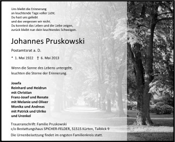 Anzeige von Johannes Pruskowski von Kölner Stadt-Anzeiger / Kölnische Rundschau / Express