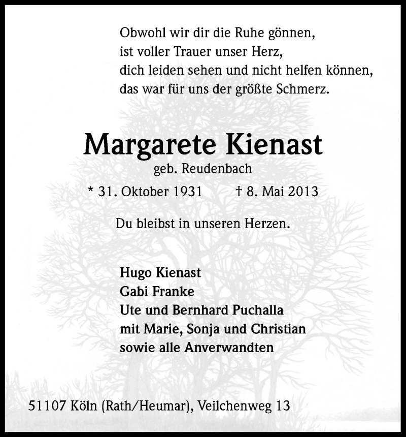  Traueranzeige für Margarete Kienast vom 11.05.2013 aus Kölner Stadt-Anzeiger / Kölnische Rundschau / Express