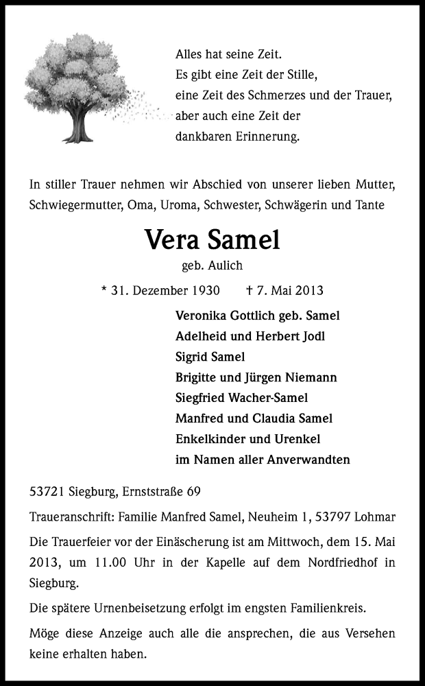  Traueranzeige für Vera Samel vom 11.05.2013 aus Kölner Stadt-Anzeiger / Kölnische Rundschau / Express