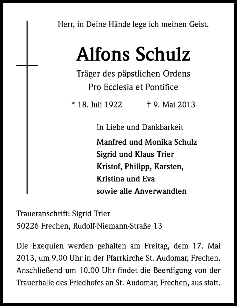  Traueranzeige für Alfons Schulz vom 11.05.2013 aus Kölner Stadt-Anzeiger / Kölnische Rundschau / Express