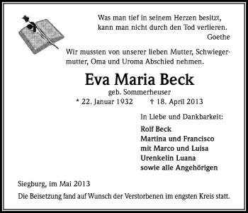 Anzeige von Eva Maria Beck von Kölner Stadt-Anzeiger / Kölnische Rundschau / Express
