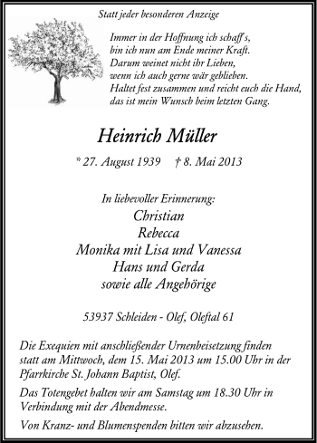 Anzeige von Heinrich Müller von Kölner Stadt-Anzeiger / Kölnische Rundschau / Express