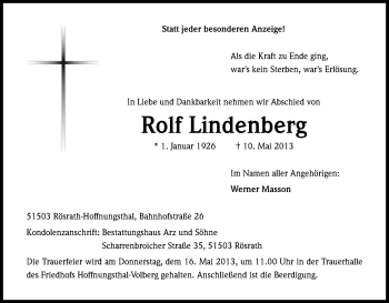 Anzeige von Rolf Lindenberg von Kölner Stadt-Anzeiger / Kölnische Rundschau / Express