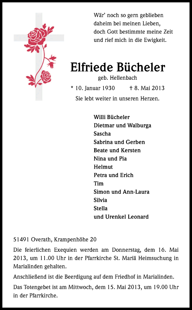  Traueranzeige für Elfriede Bücheler vom 11.05.2013 aus Kölner Stadt-Anzeiger / Kölnische Rundschau / Express