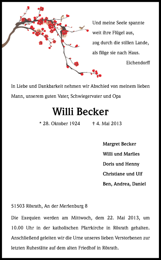  Traueranzeige für Willi Becker vom 18.05.2013 aus Kölner Stadt-Anzeiger / Kölnische Rundschau / Express
