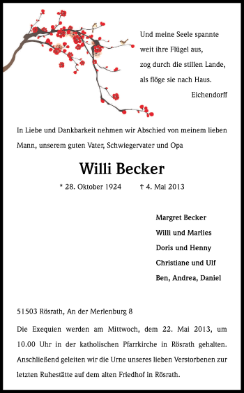Anzeige von Willi Becker von Kölner Stadt-Anzeiger / Kölnische Rundschau / Express