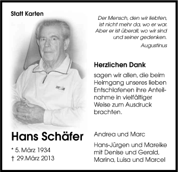 Anzeige von Hans Schäfer von Kölner Stadt-Anzeiger / Kölnische Rundschau / Express