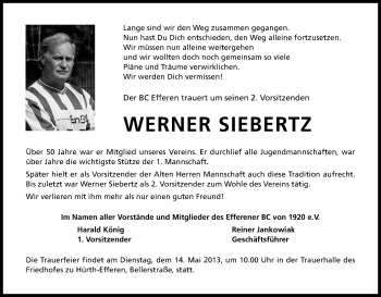 Anzeige von Werner Siebertz von Kölner Stadt-Anzeiger / Kölnische Rundschau / Express