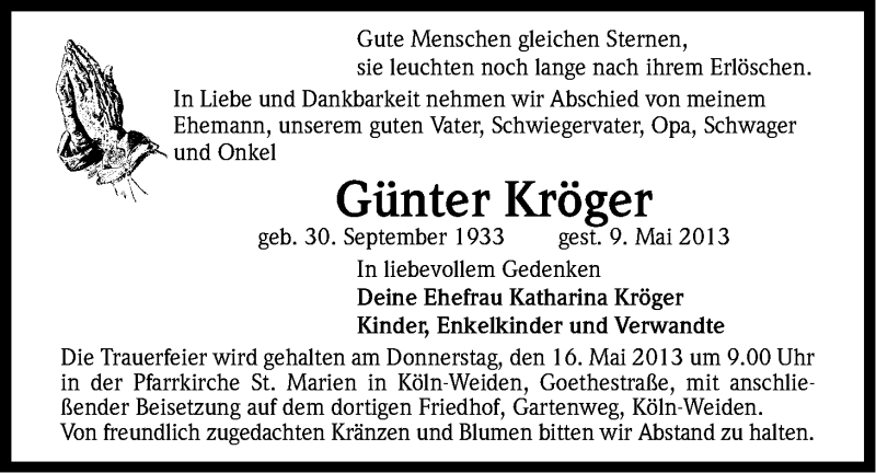  Traueranzeige für Günter Kröger vom 13.05.2013 aus Kölner Stadt-Anzeiger / Kölnische Rundschau / Express