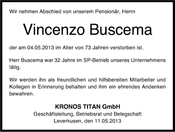 Anzeige von Vincenzo Buscema von Kölner Stadt-Anzeiger / Kölnische Rundschau / Express
