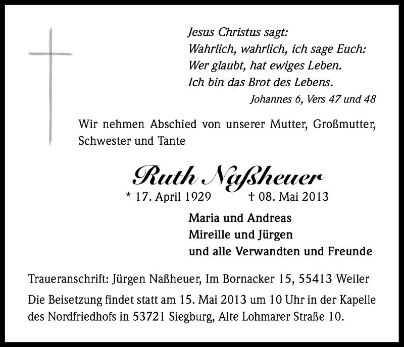  Traueranzeige für Ruth Naßheuer vom 11.05.2013 aus Kölner Stadt-Anzeiger / Kölnische Rundschau / Express