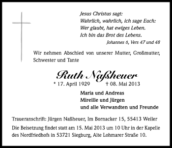 Anzeige von Ruth Naßheuer von Kölner Stadt-Anzeiger / Kölnische Rundschau / Express