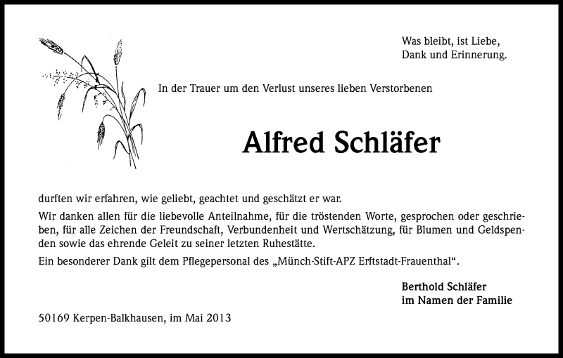  Traueranzeige für Alfred Schäfer vom 18.05.2013 aus Kölner Stadt-Anzeiger / Kölnische Rundschau / Express