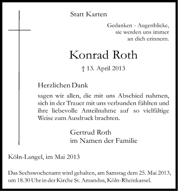 Anzeige von Konrad Roth von Kölner Stadt-Anzeiger / Kölnische Rundschau / Express