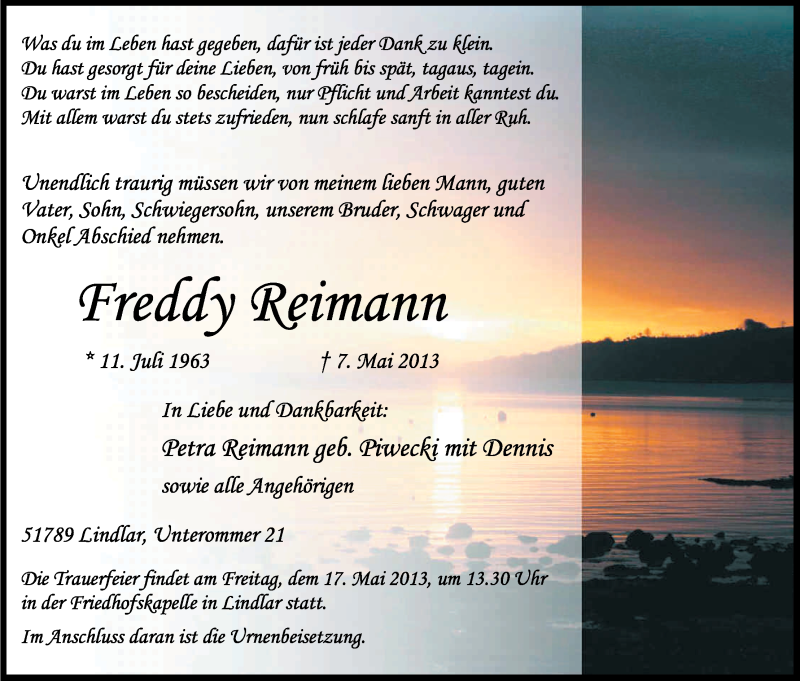  Traueranzeige für Freddy Reimann vom 11.05.2013 aus Kölner Stadt-Anzeiger / Kölnische Rundschau / Express