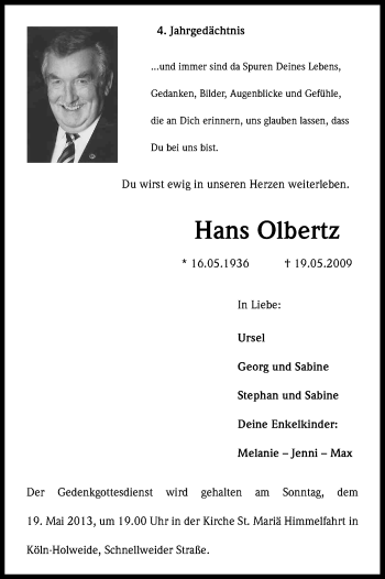 Anzeige von Hans Olbertz von Kölner Stadt-Anzeiger / Kölnische Rundschau / Express