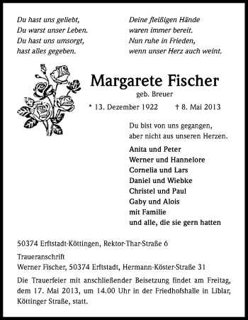 Anzeige von Margarete Fischer von Kölner Stadt-Anzeiger / Kölnische Rundschau / Express