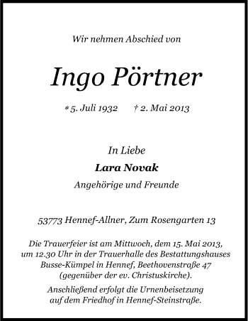 Anzeige von Ingo Pörtner von Kölner Stadt-Anzeiger / Kölnische Rundschau / Express