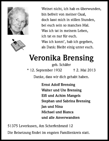 Anzeige von Veronika Brensing von Kölner Stadt-Anzeiger / Kölnische Rundschau / Express
