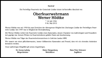 Anzeige von Werner Hödtke von Kölner Stadt-Anzeiger / Kölnische Rundschau / Express